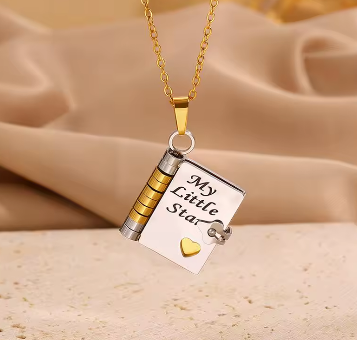My Little Star Openable Book Necklace – Stainless Steel Mini Book Pendant for Women